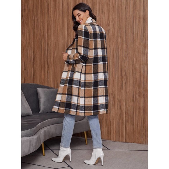 long trench coat Single Button Plaid pea Coat camel tan black fall  long line - Picture 2 of 8